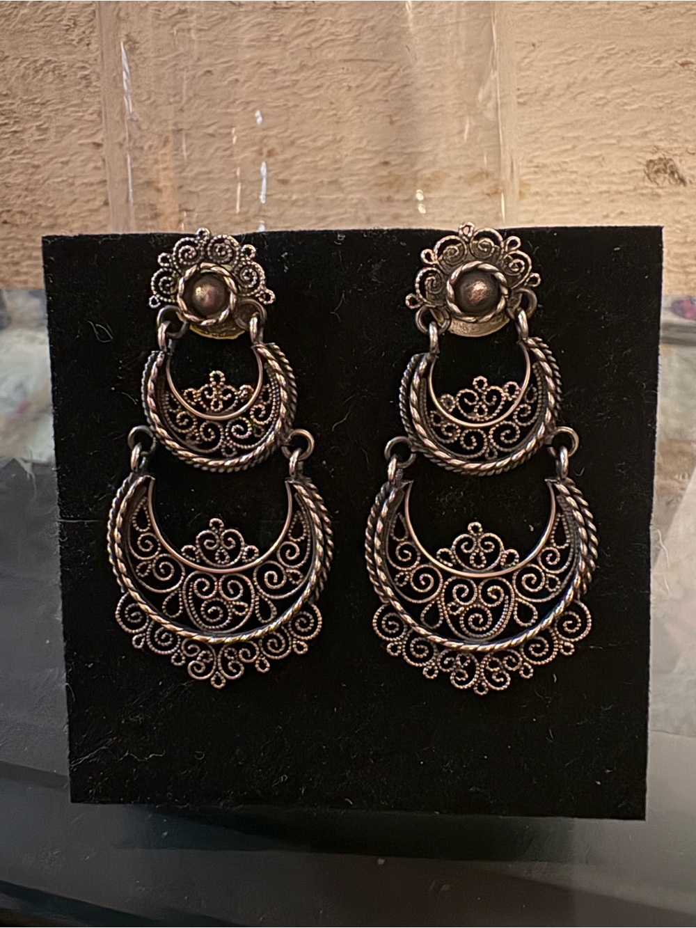 Silver Tone Filigree Rustic Double Drop Chandelier Statement Earrings